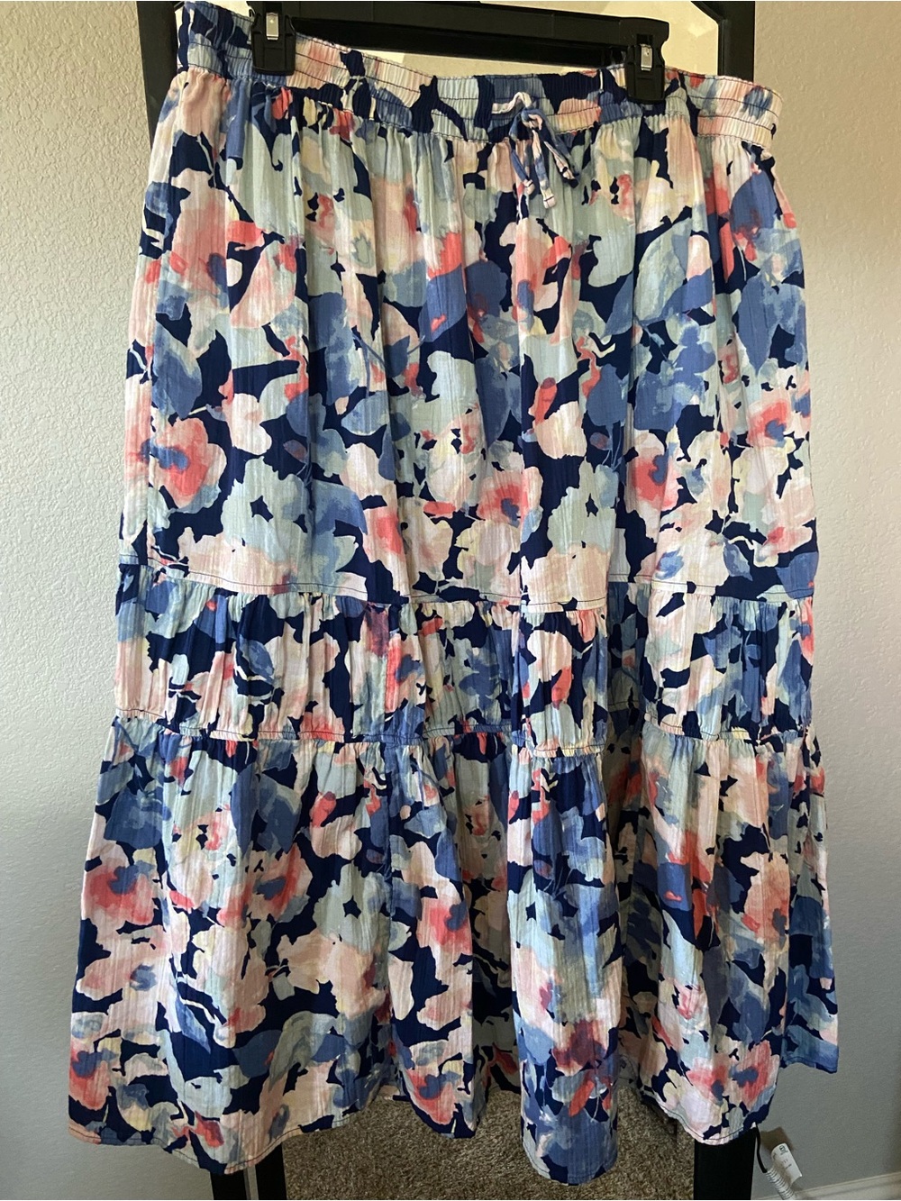 Wonderly Tiered Maxi Skirt in Navy, Blue and Pink